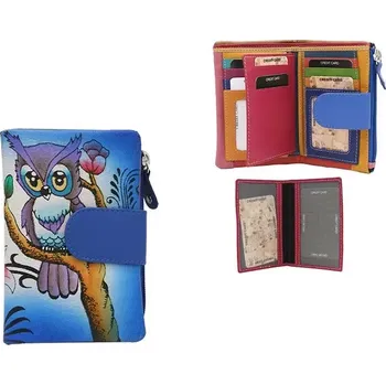 Peněženka Peterson Ručně malovaná kožená dámská peněženka s motivem sovy N14-SPW OWL Modrá