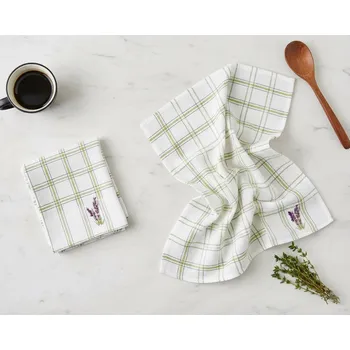 Utěrka Kuchyňská vaflová utěrka LAVENDA zelené káro s vyšívanou levandulí, 1 kus, 45x65cm