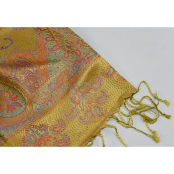 Šála Hedvábná šála Jamawar střední - Žlutozlatá s ornamenty