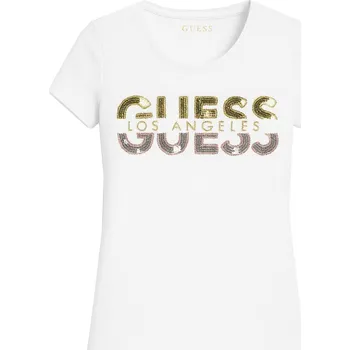 Dámské tričko Guess totální doprodej dámské tričko Huger Split Logo Crew bílé