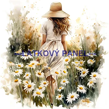 Látkový panel - Žena mezi kopretinami - DZ-64 Velikost: 15x15cm, Materiál: Úplet