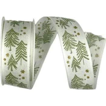 Stuha Stuha vánoční X-MAS TREES GREEN bílá 25mm x 3m (9,-Kč/m) (Vánoční stuha bavlněná, jednostranný potisk, s vlascem v lemu)