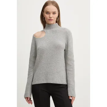 Dámský svetr Svetr z vlněné směsi HUGO dámský, šedá barva, s pologolfem, 50522546 09X, vel. S