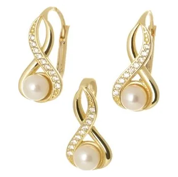 Souprava šperků Zlatá souprava náušnic a přívěšku s perlami a zirkony ZLSS597F + DÁREK ZDARMA