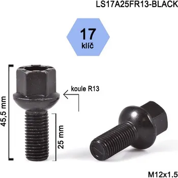 Alu kolo Kolový šroub M12x1,5x25 kulová R13, klíč 17 (LS17A25FR13-BLACK) černá, výška 45,5mm