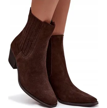 Dámská obuv HNĚDÉ DÁMSKÉ KOTNÍKOVÉ BOTY SEMIŠOVÉ NA PODPATKU TYPU SLOUPEK ZATEPLENÉ NA ZIP 38