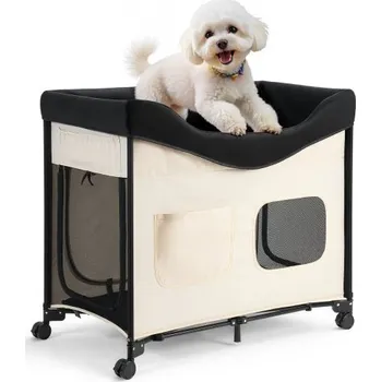 Pelíšek pro psa VEVOR Elevated Lounge Pet Bed, skládací palanda pro psy s oxfordskou látkou 600D a holandským sametem, přenosná vyvýšená pelíšek s kolečky, bočními úložnými taškami a přepravní taškou pro kočky a psy, velikost L, béžová