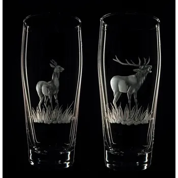 Sklenice sada půllitrů (štuců) 2 ks s rytinou jelena a srnce - ručně ryté (broušené), dárková krabička, dárek pro myslivce