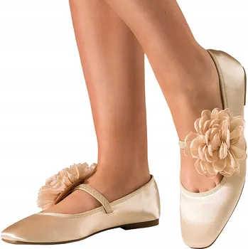 Dámské polobotky BALERÍNKY Zlaté Dámské SATÉNOVÉ Ozdobný Květ Ploché Nazouvací Polobotky vel. 40