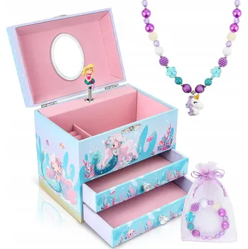 Šperkovnice Dřevěná šperkovnice pro dívky s hrací skříňkou a motivem mořské panny - sada
