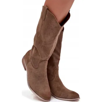 Dámské kozačky KOZAČKY KOVBOJSKÉ BOTY Z EKO SEMIŠE NASOUVACÍ DÁMSKÉ NÍZKÝ PODPATEK TMAVĚ BÉŽOVÉ 38