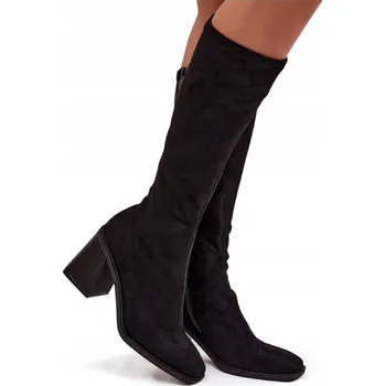 Dámské kozačky Dámské kozačky z eko semiše, masivní podpatek, sloupek, zip, černé, velikost 39