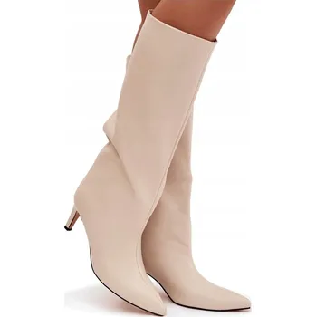 Dámské kozačky Dámské zateplené kozačky na podpatku jehlovém, nazouvací, světle béžové, z eko kůže, velikost 39