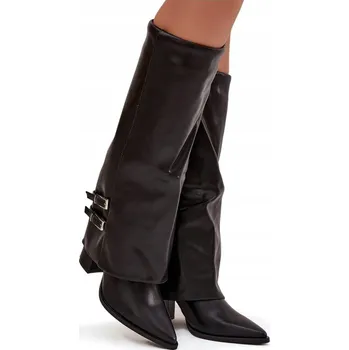 Dámské kozačky DÁMSKÉ KOZAČKY Z EKO KŮŽE S OHRNUTÝM SVRŠEK, NA PODPATKU, S PŘEZKAMI, ČERNÉ, VELIKOST 36