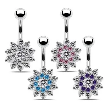 Piercing BP01099-CC Stříbrný piercing do pupíku - kytička - květiny - čirá/čirá
