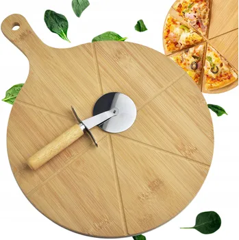 SADA NA PIZZU Velké Prkénko s Rukojetí, Nůž, Radýlko, Kulatý Podnos na Servírování