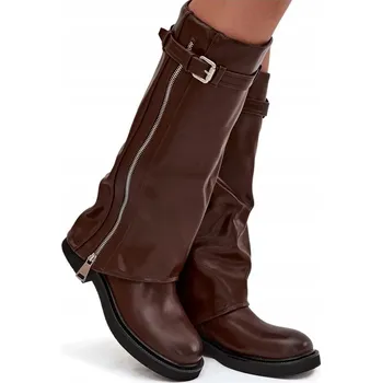 Dámské kozačky DÁMSKÉ KOZAČKY S OHRNUTÝM SVRŠEK ZIP PŘEZKA ZATEPLENÉ HNĚDÉ 39