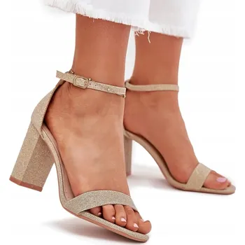 Dámské sandále DÁMSKÉ SANDÁLY LESKLÉ BROKÁTOVÉ NA PODPATKU SLOUPEK ZLATÉ 38