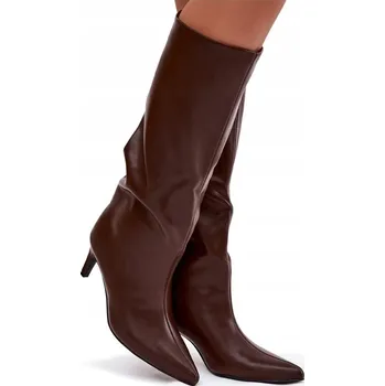 Dámské kozačky Dámské zateplené kozačky na podpatku jehlovém, hnědé, z eko kůže, velikost 40