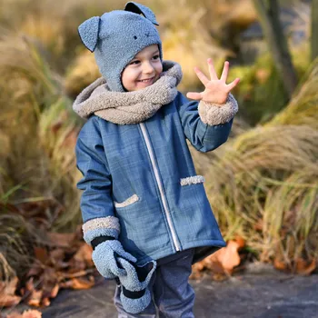 Kojenecká bunda modrý softshellový kabátek s kapucí a šálou