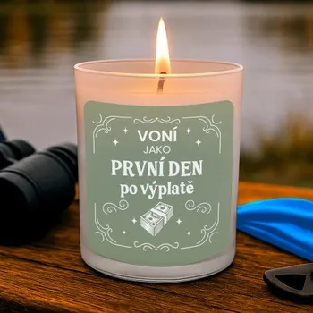 Žertovný předmět Voní jako první den po výplatě - vonná svíce s potiskem- Tričkový.cz