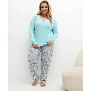 Dámské pyžamo Mintovo-šedé dámské dlouhé plus size pyžamo se vzorovanými kalhotami DU-KN-FP-502.97-mint Velikost: XL