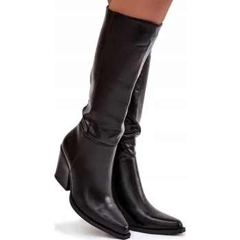 Dámské kozačky KOZAČKY Z EKOKŮŽE NA ZIP ZATEPLENÉ ŠIKMÝ PODPATEK SLOUPEK ČERNÉ 40