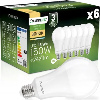 Žárovka 6x LED žárovka E27 A70 18W = 150W 2421lm 3000K teplá bílá 260° LUMILED