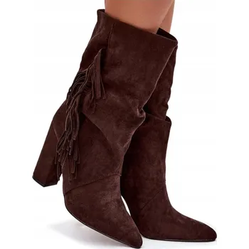 Dámská obuv DÁMSKÉ KOTNÍKOVÉ BOTY EKO SEMIŠOVÉ NA PODPATKU TYPU SLOUPEK S TŘÁSNĚMI A ŘASENÍM ČOKOLÁDOVÉ BARVY VELIKOST 37