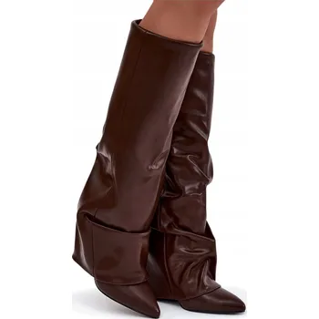 Dámské kozačky ZATEPLENÉ KOZAČKY S OHRNUTÝM SVRŠEK, PODPATEK SLOUPEK, NA NAZUTÍ, ČOKOLÁDOVÉ, VELIKOST 39