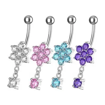 Piercing BP01034-A Stříbrný visací piercing do pupíku - květiny - fialová