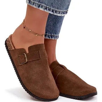 Dámské pantofle NAZOUVÁKY DŘEVÁKY Z EKO SEMIŠE NA KORKOVÉ PLATFORMĚ S PŘEZKOU HNĚDÉ 41