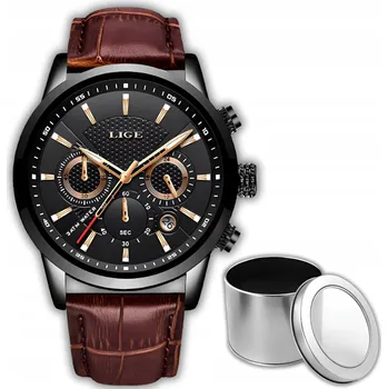 Hodinky Pánské quartzové datumovka Pánské hodinky LIGE s koženým pouzdrem a chronografem
