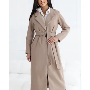 Dámský kabát Elegantní dámský dlouhý kabát s vázáním, flaušový, klasický, barva béžová XL