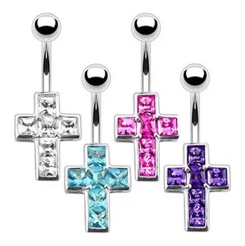 Piercing BP01015-A Stříbrný piercing do pupíku - křížek - fialová