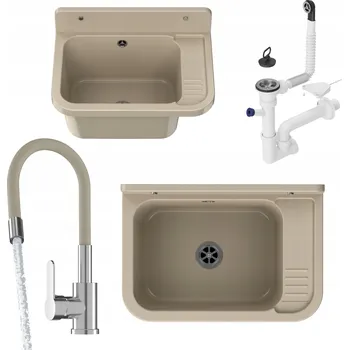 Granitový dřez Technický dřez Granitan jednokomorový béžový s baterií a odkapávačem