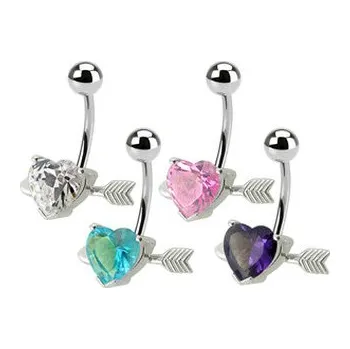 Piercing BP01020-A Stříbrný piercing do pupíku - srdíčko probodnuté - srdce - fialová
