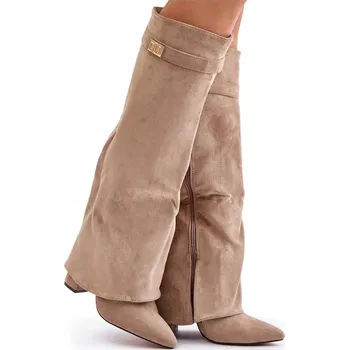 Dámské kozačky KOZAČKY Z EKO SEMIŠE NA SLOUPOVÉM PODPATKU ŠPIČATÁ ŠPIČKA OHRNUTÝ SVRŠEK BÉŽOVÉ 36