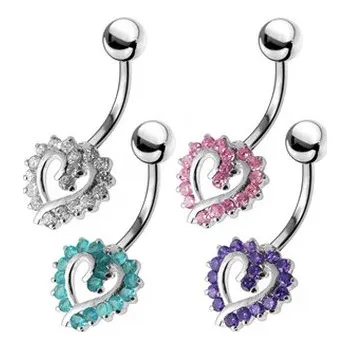 Piercing BP01026-C Stříbrný piercing do pupíku srdíčko - srdce - čirá