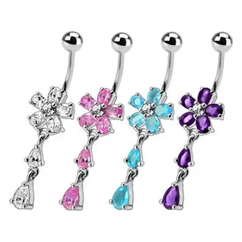 Piercing BP01011-A Stříbrný piercing do pupíku - kytička - květiny - fialová