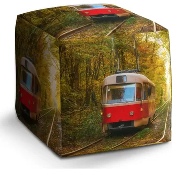 Taburet Sablio Taburet Cube Červená tramvaj v lese: 40x40x40 cm