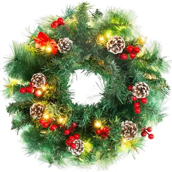 Vánoční dekorace STREND PRO Věnec MagicHome Vánoce, přírodní, s šiškami, 20x LED, teplá bílá, 3xAA, 8 funkcí, 30 cm