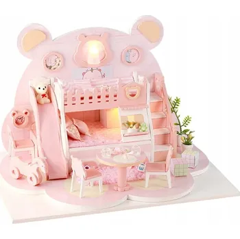 Domeček pro panenku Miniaturní Domeček Růžový Medvídek Růžový Pokojíček Pro Holčičku