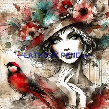 Látkový panel - Dáma s ptáčkem - DZ-105 Velikost: 20x20cm, Materiál: Bavlna