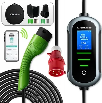 Nabíjecí stanice pro elektromobil Mobilní nabíječka EV Typ 2 Qoltec 11kW 400V Wi-Fi LCD 5m Wallbox 2v1