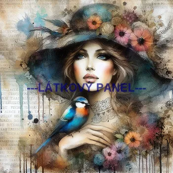 Látkový panel - Dáma s ptáčkem - DZ-93 Velikost: 15x15cm, Materiál: Kočárkovina