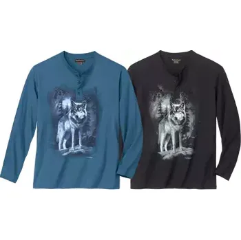 Atlas For Men Sada 2 jednobarevných trik s potiskem vlků a knoflíčkovým zapínáním u krku, Se vzorem, Q2129 M