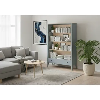 Knihovna Buková knihovna ROMA RT2 šedomodrá Úchyty: úchyt - zlatá