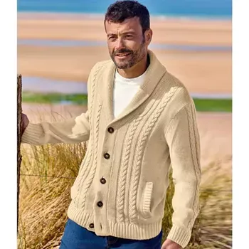 Pánský svetr Atlas For Men Pletený propínací svetr s copánkovým vzorem a šálovým límcem, Béžová, Velikost L Q1108