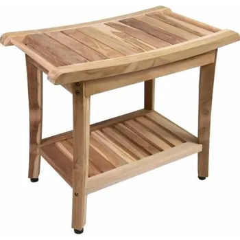 Stolička Malá dřevěná teaková stolička s prohnutým sedákem a poličkou